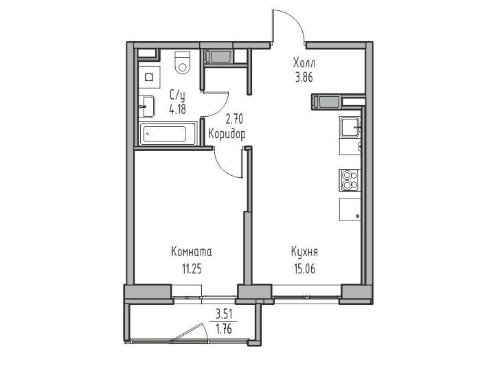 Планировка: 2-комн. квартира 38.81 м² в новостройке Юнтолово