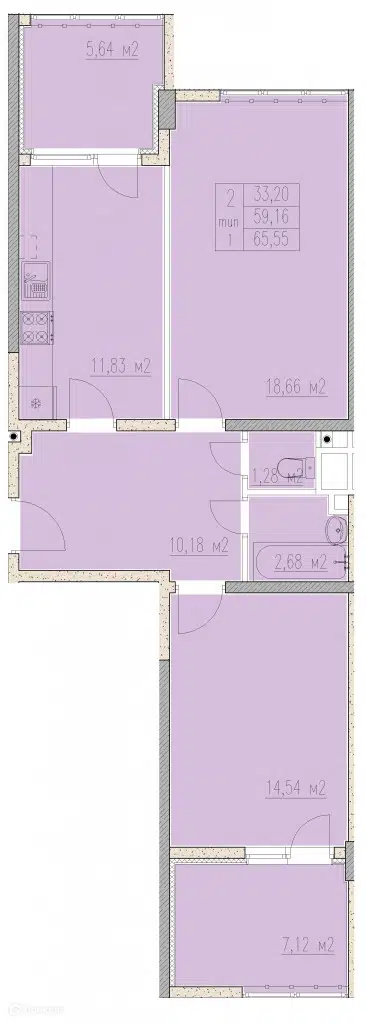 Планировка: 2-комн. квартира 65.55 м² в новостройке Агой-парк
