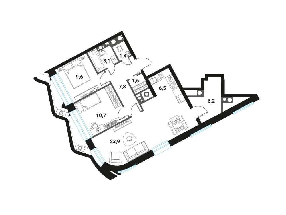 Планировка: 3-комн. квартира 70.30 м² в новостройке Интеллигент