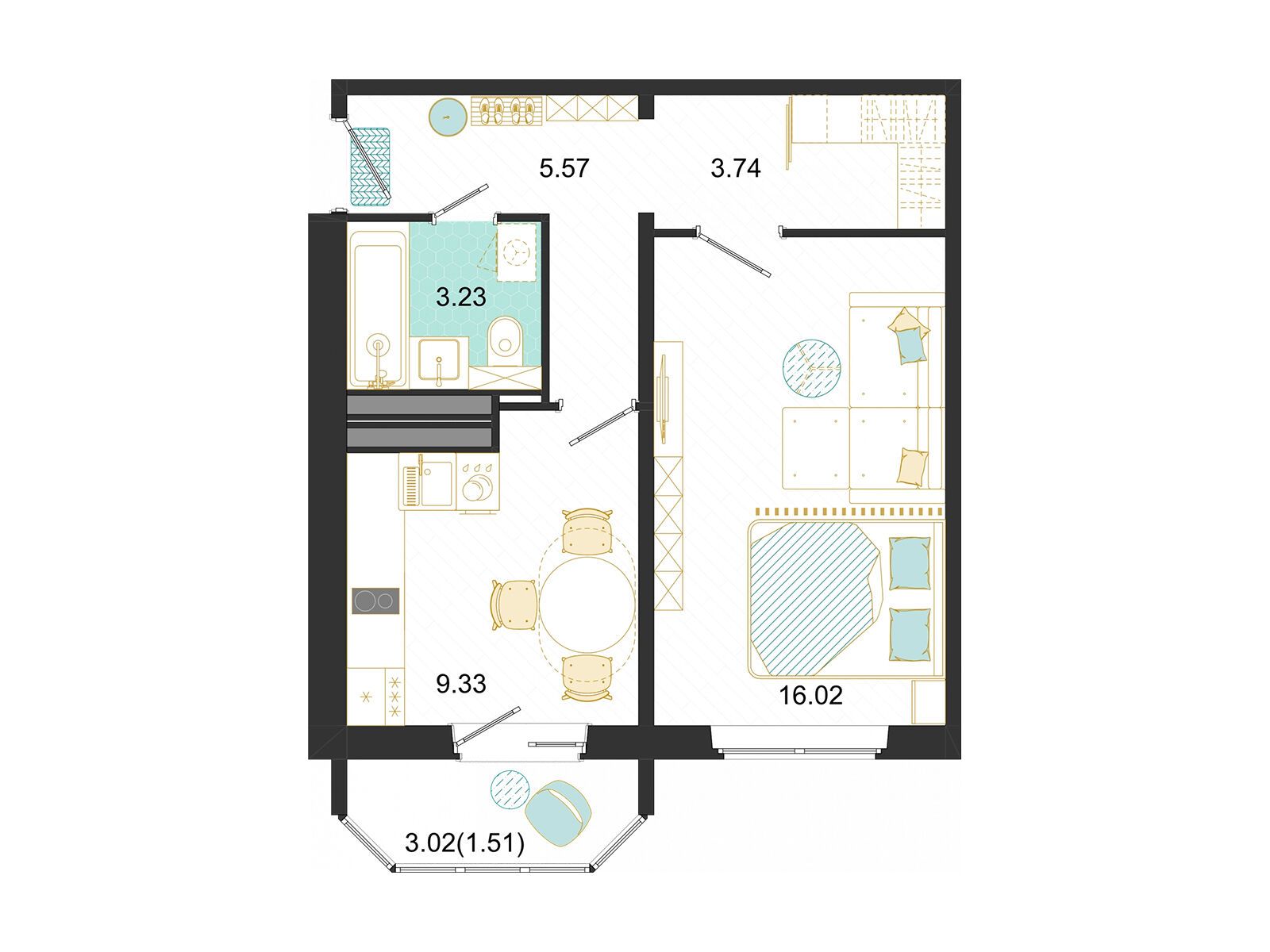Планировка: 1-комн. квартира 39.40 м² в новостройке Оптима на Текстильщиков
