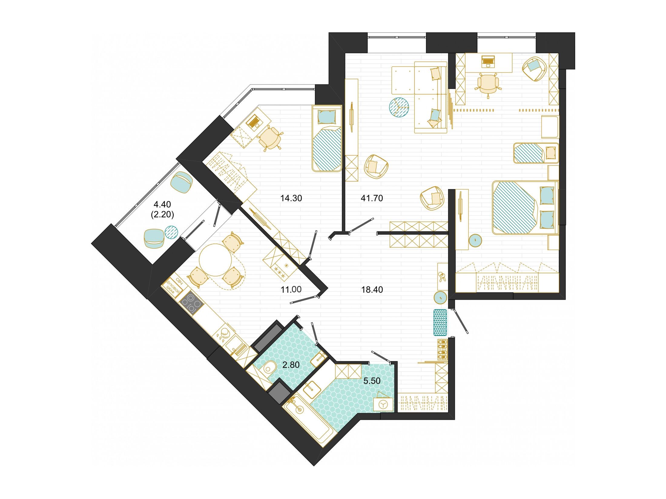 Планировка: 3-комнатная квартира 95.90 м² в новостройке ЖК Оптима