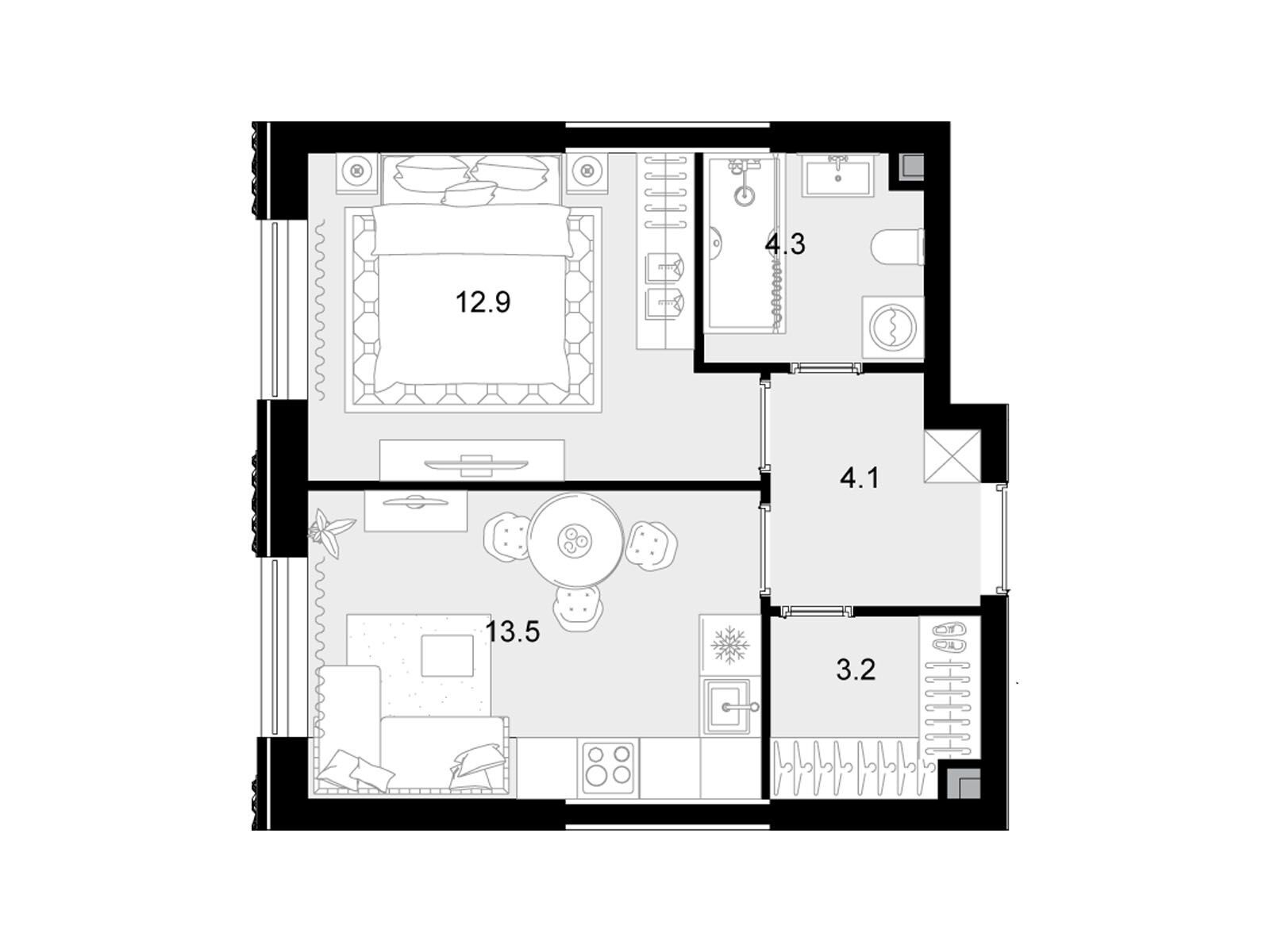 Планировка: 1-комн. квартира 38.40 м² в новостройке Трилогия Кристалл