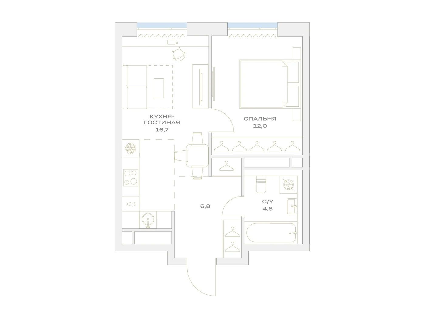Планировка: 1-комн. квартира 40.30 м² в новостройке Детали