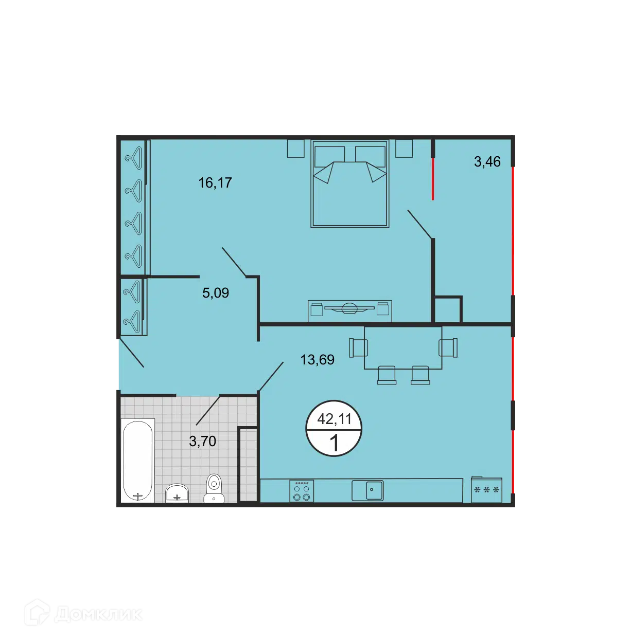 Планировка: 1-комн. квартира 42.11 м² в новостройке Дыхание