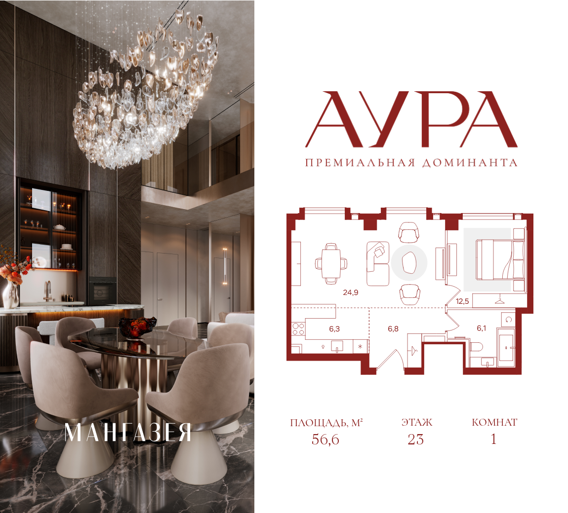 Планировка: 1-комн. квартира 56.00 м² в новостройке ЖК Аура (Мангазея на Тульской)