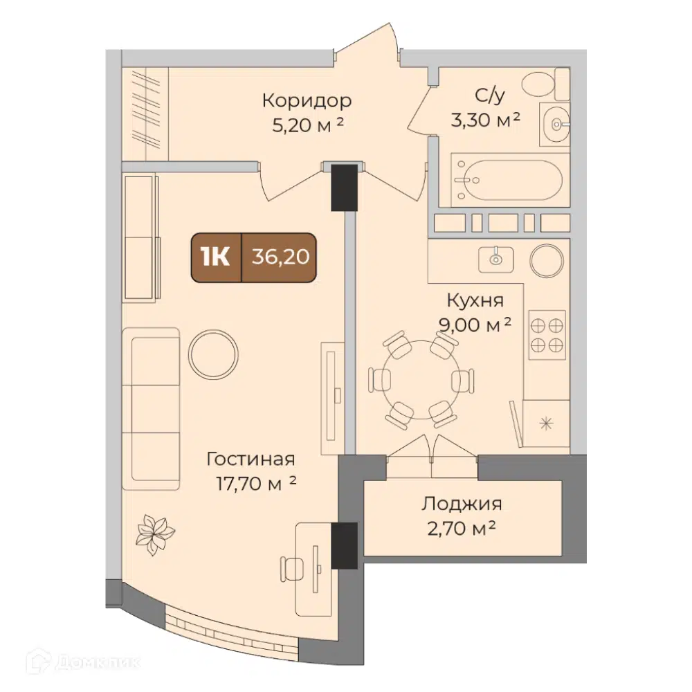 Планировка: 1-комн. квартира 36.20 м² в новостройке Опера