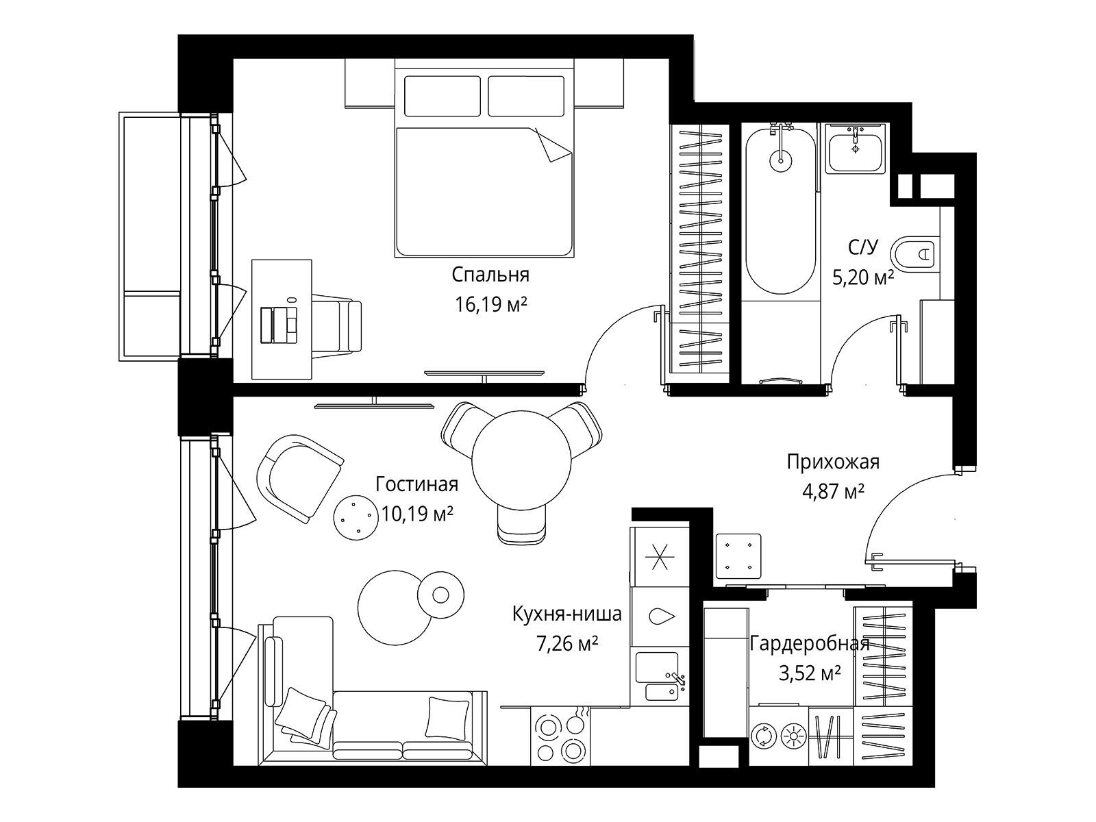 Планировка: 1-комн. квартира 47.23 м² в новостройке Мыс
