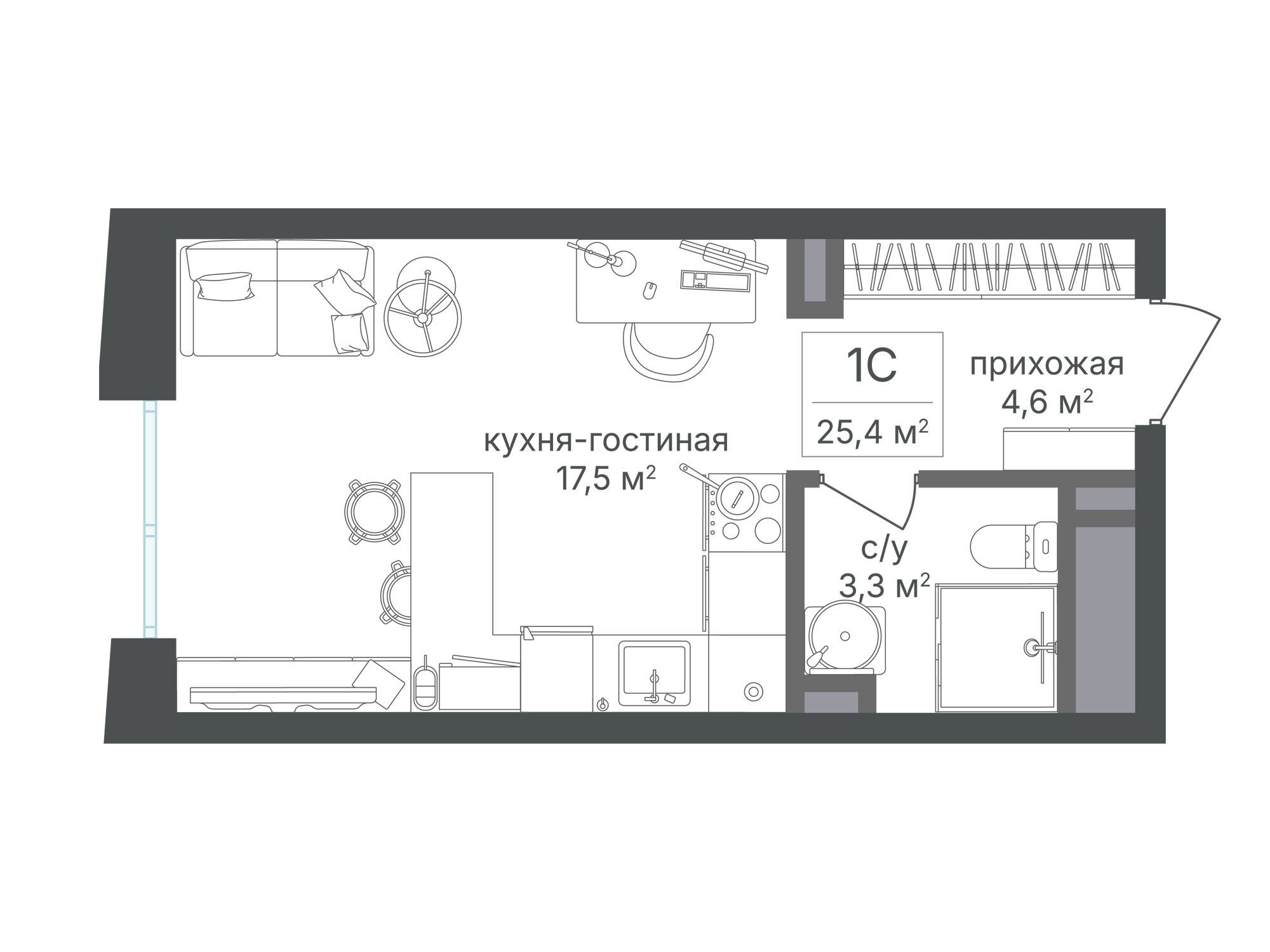 Планировка: Студия 25.30 м² в новостройке Семеновский парк 2