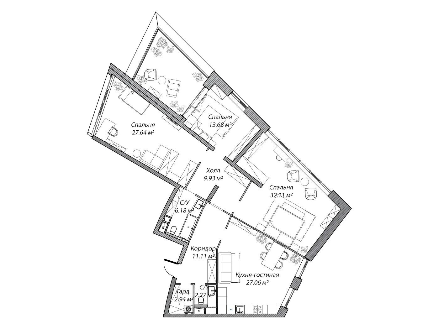 Планировка: 3-комн. квартира 132.90 м² в новостройке Рублево