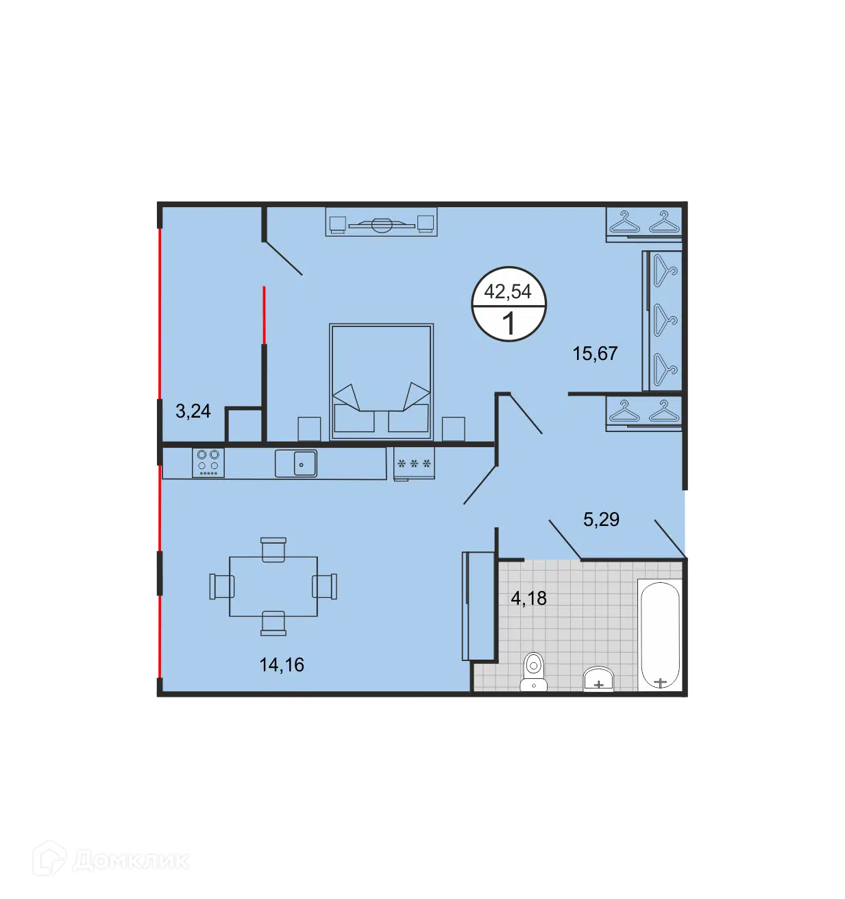 Планировка: 1-комн. квартира 42.54 м² в новостройке Дыхание