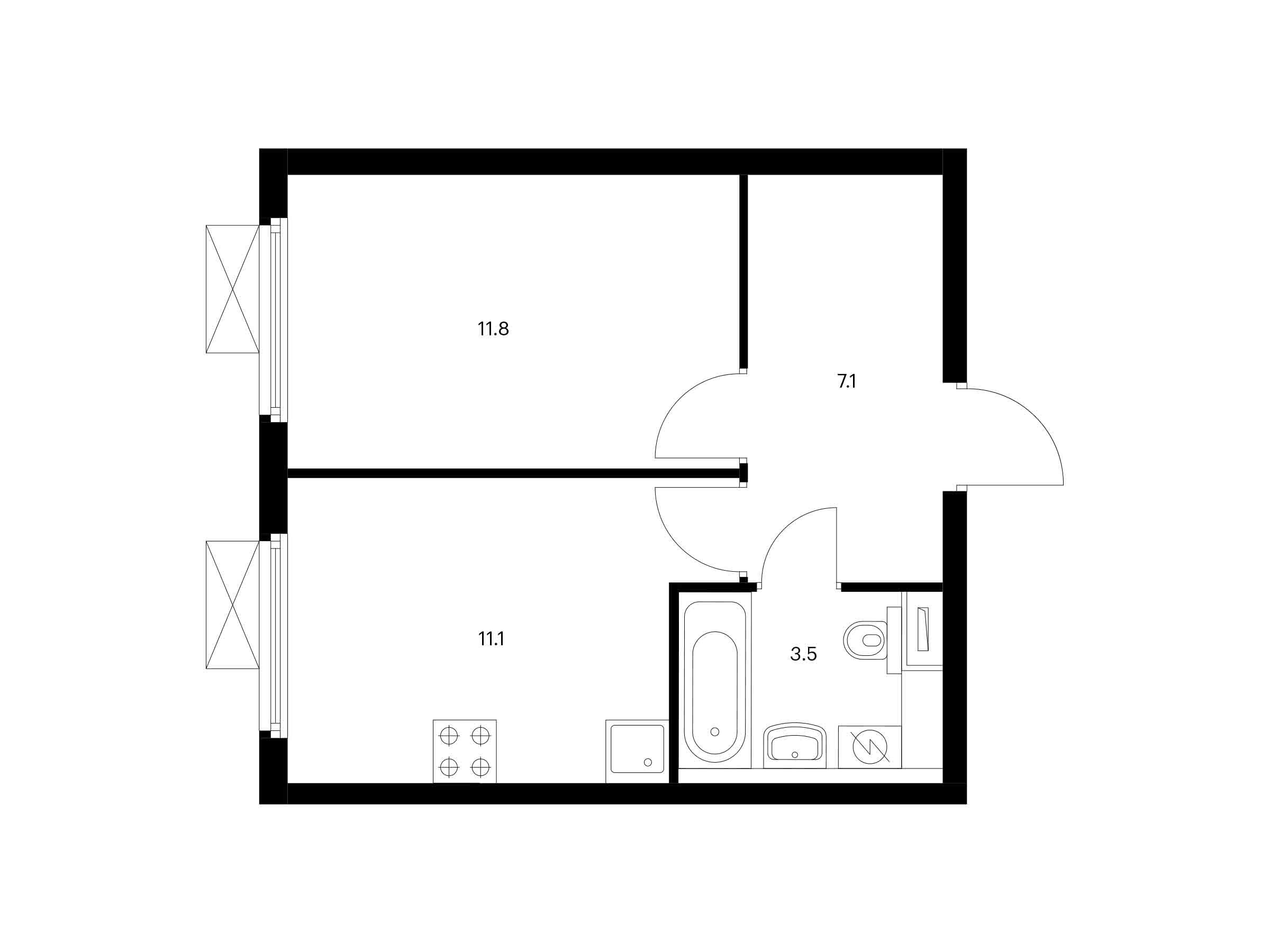 Планировка: 1-комн. квартира 33.50 м² в новостройке Бунинские луга
