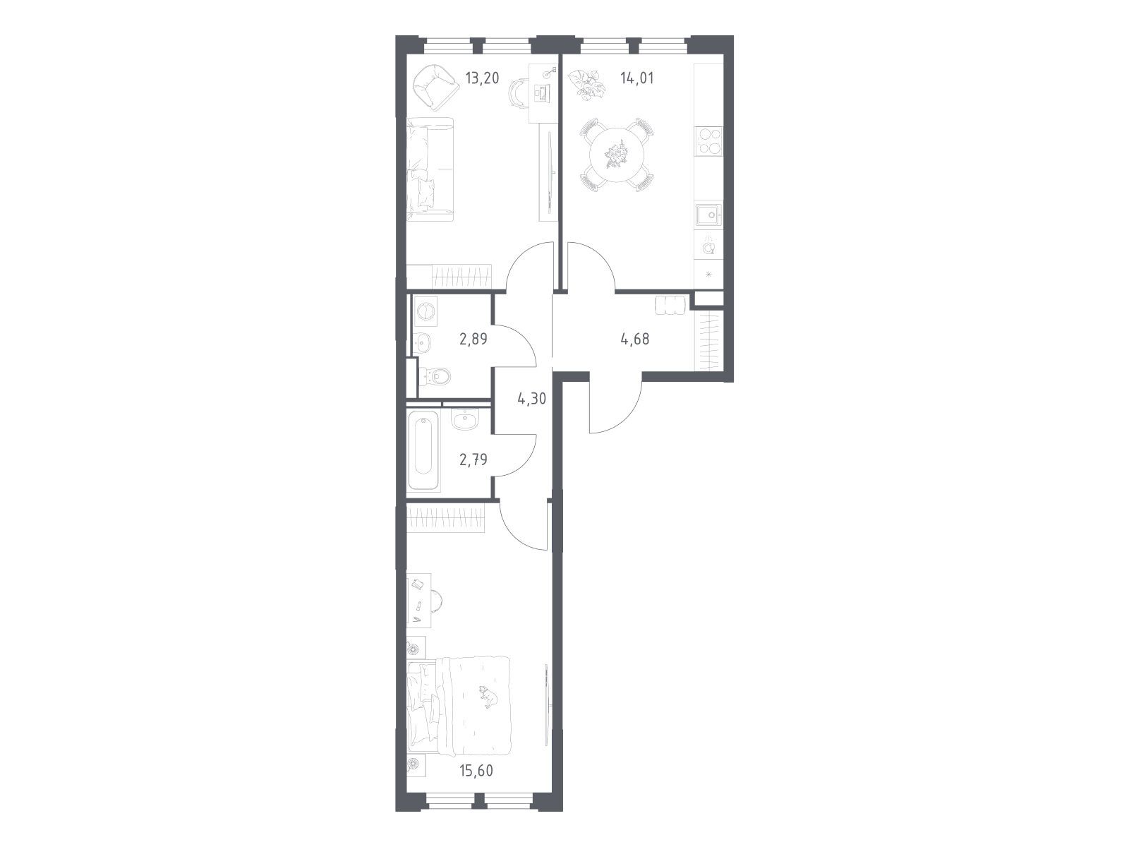 Планировка: 2-комн. квартира 57.47 м² в новостройке Космический квартал
