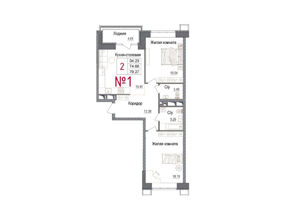 Планировка: 2-комн. квартира 78.10 м² в новостройке Арт