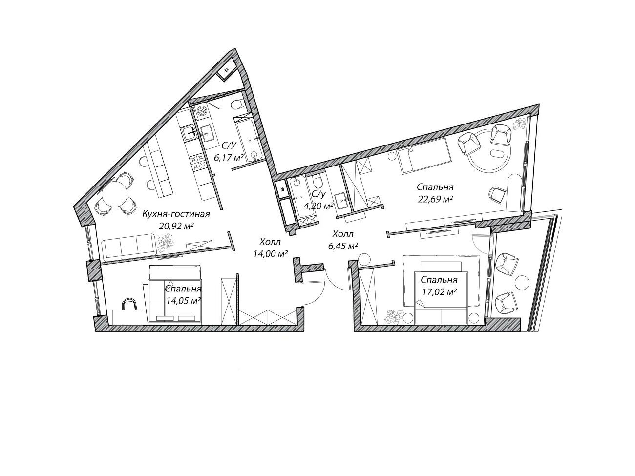 Планировка: 3-комн. квартира 105.50 м² в новостройке Рублево