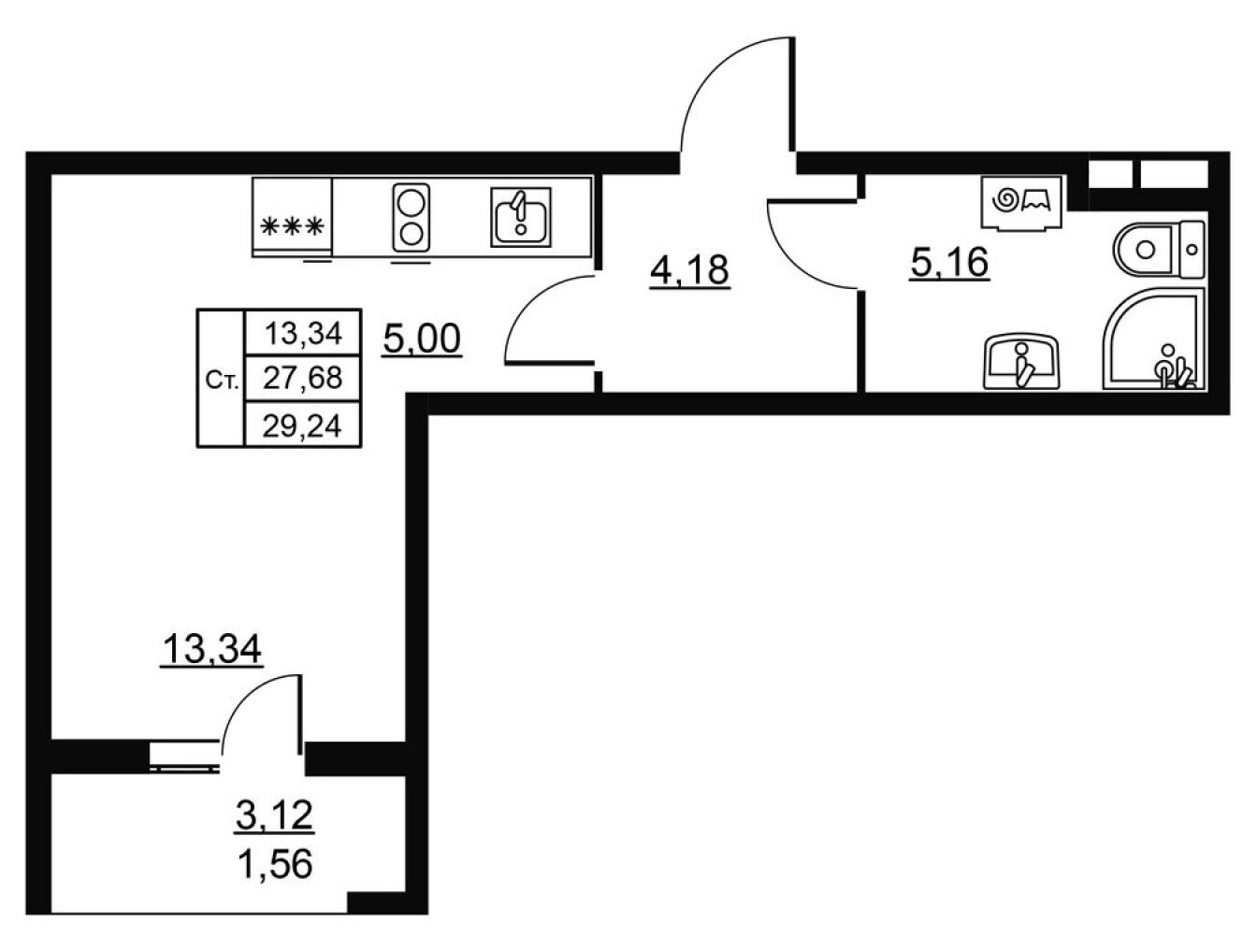 Планировка: Студия 29.24 м² в новостройке Высота. Новодевяткино