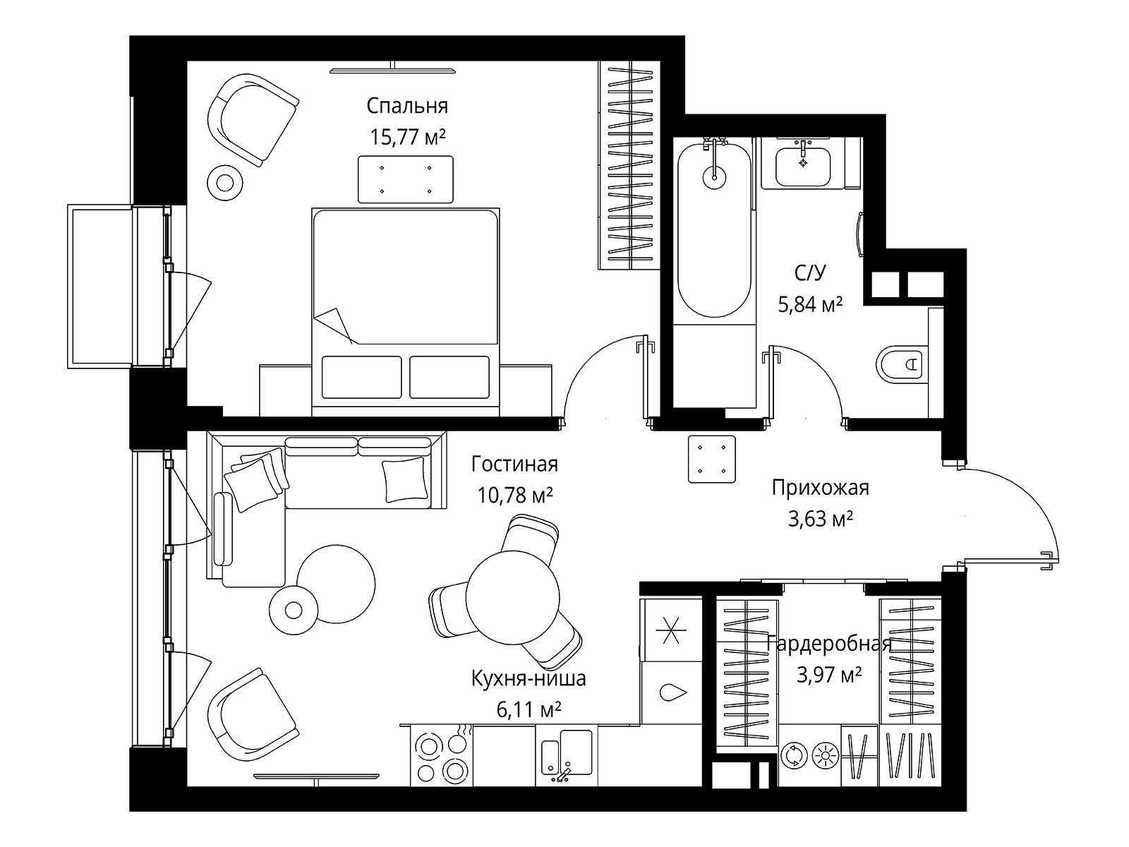 Планировка: 1-комн. квартира 46.10 м² в новостройке Мыс