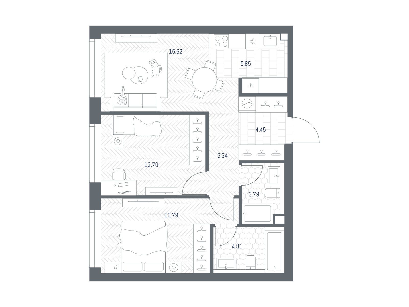 Планировка: 2-комн. квартира 64.35 м² в новостройке Тейт
