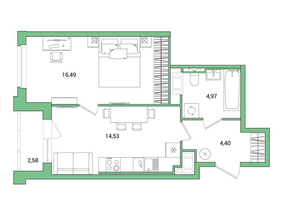 Планировка: 1-комн. квартира 41.68 м² в новостройке Окла