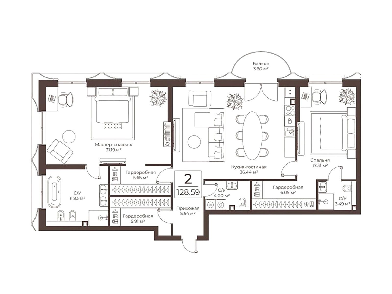 Планировка: 2-комн. квартира 128.59 м² в новостройке Клубный дом Воронцовъ