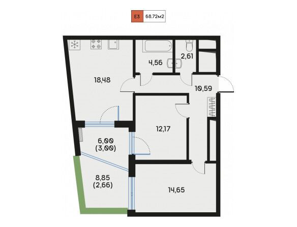 Планировка: 2-комн. квартира 68.72 м² в новостройке Дом Регенбоген