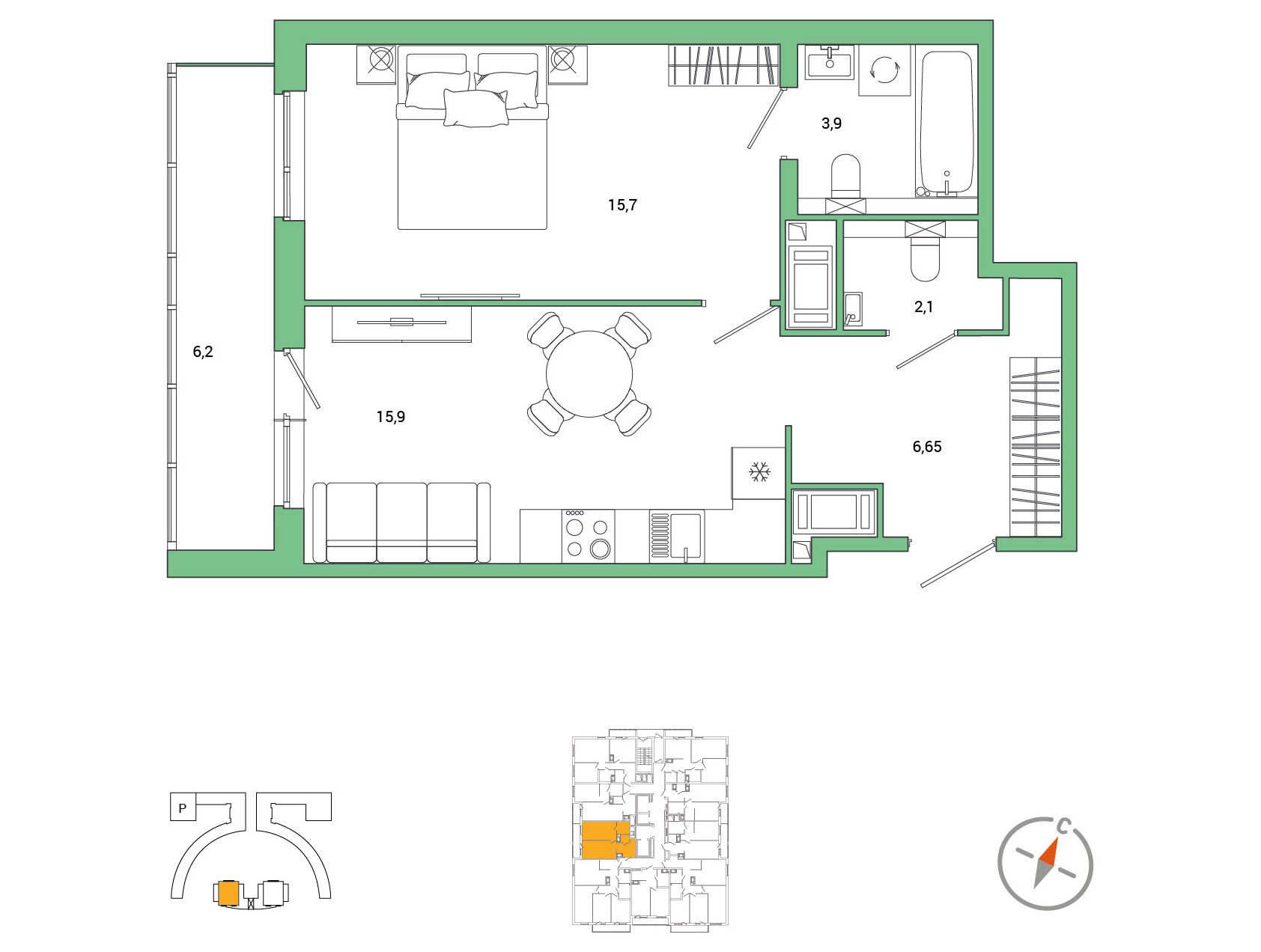 Планировка: 1-комн. квартира 47.35 м² в новостройке Окла Вижн