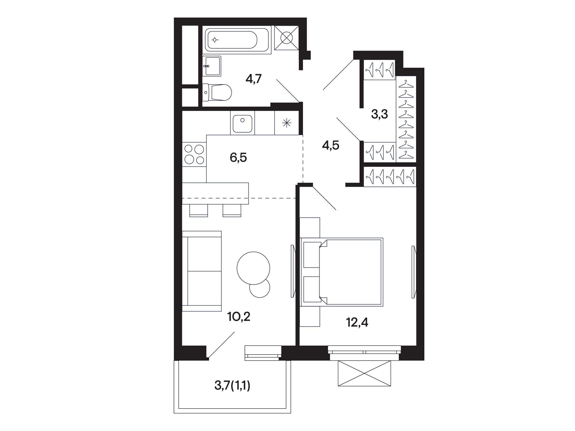 Планировка: 1-комн. квартира 42.77 м² в новостройке Базаева 11
