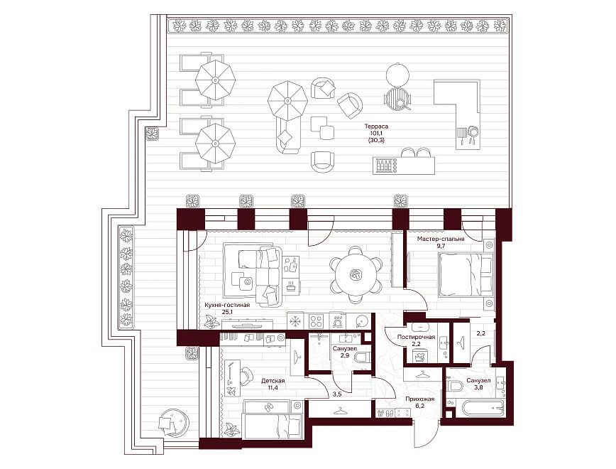 Планировка: 2-комн. квартира 102.40 м² в новостройке Дом 7 Даниловский