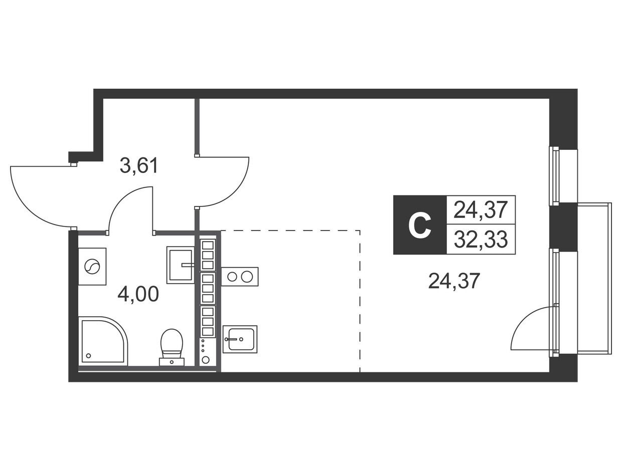 Планировка: Студия 32.33 м² в новостройке Слобода