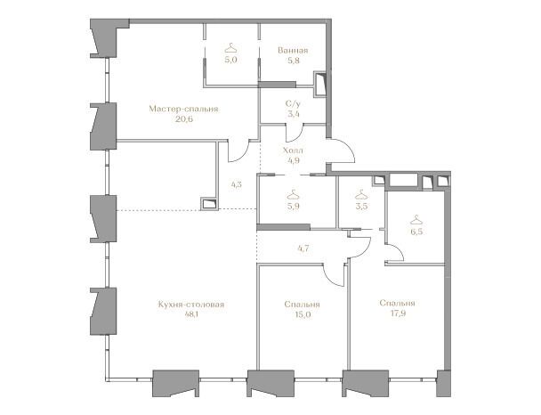 Планировка: 3-комн. квартира 145.60 м² в новостройке Коллекция Лужники