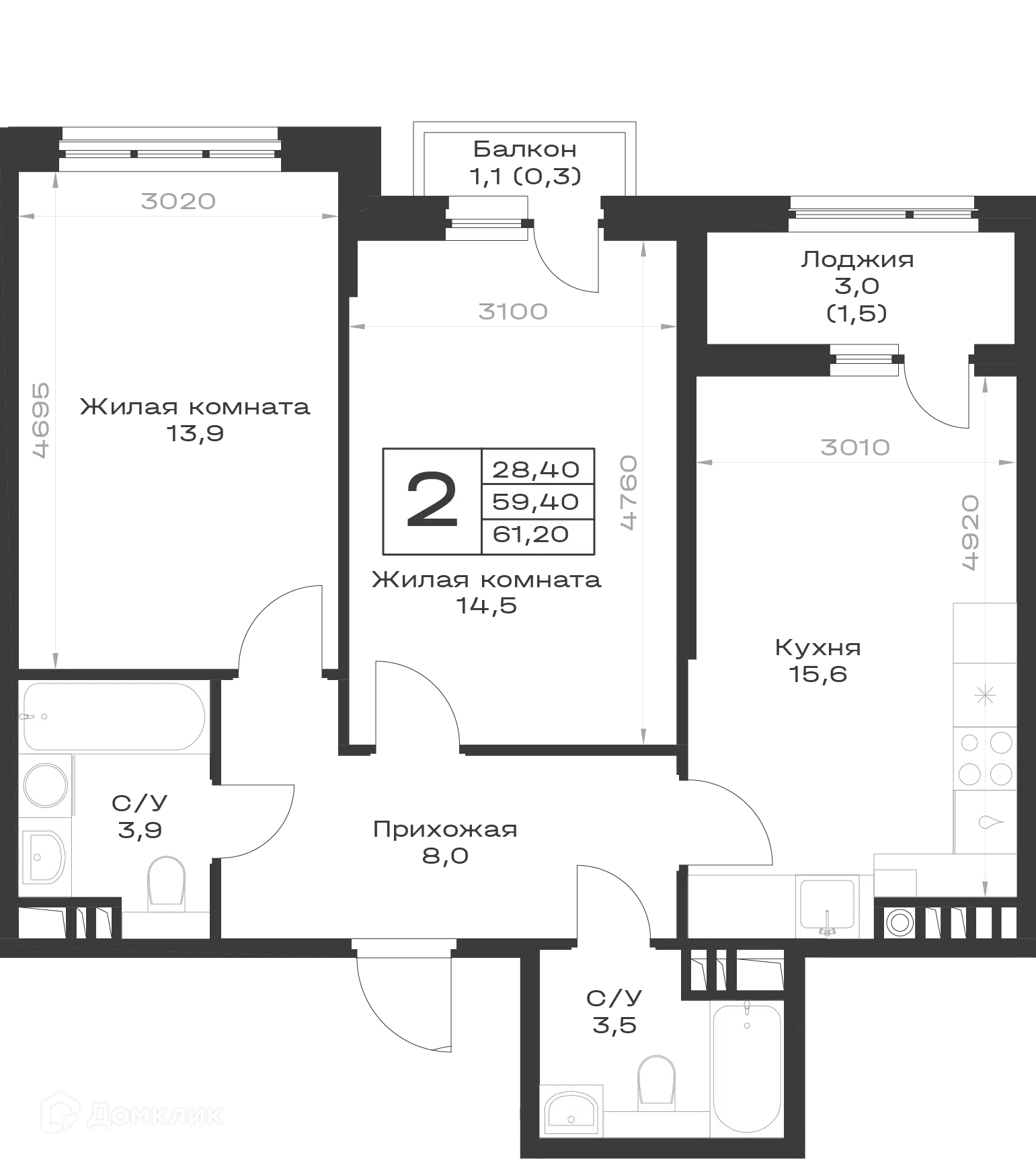 Планировка: 2-комн. квартира 60.30 м² в новостройке Экосфера