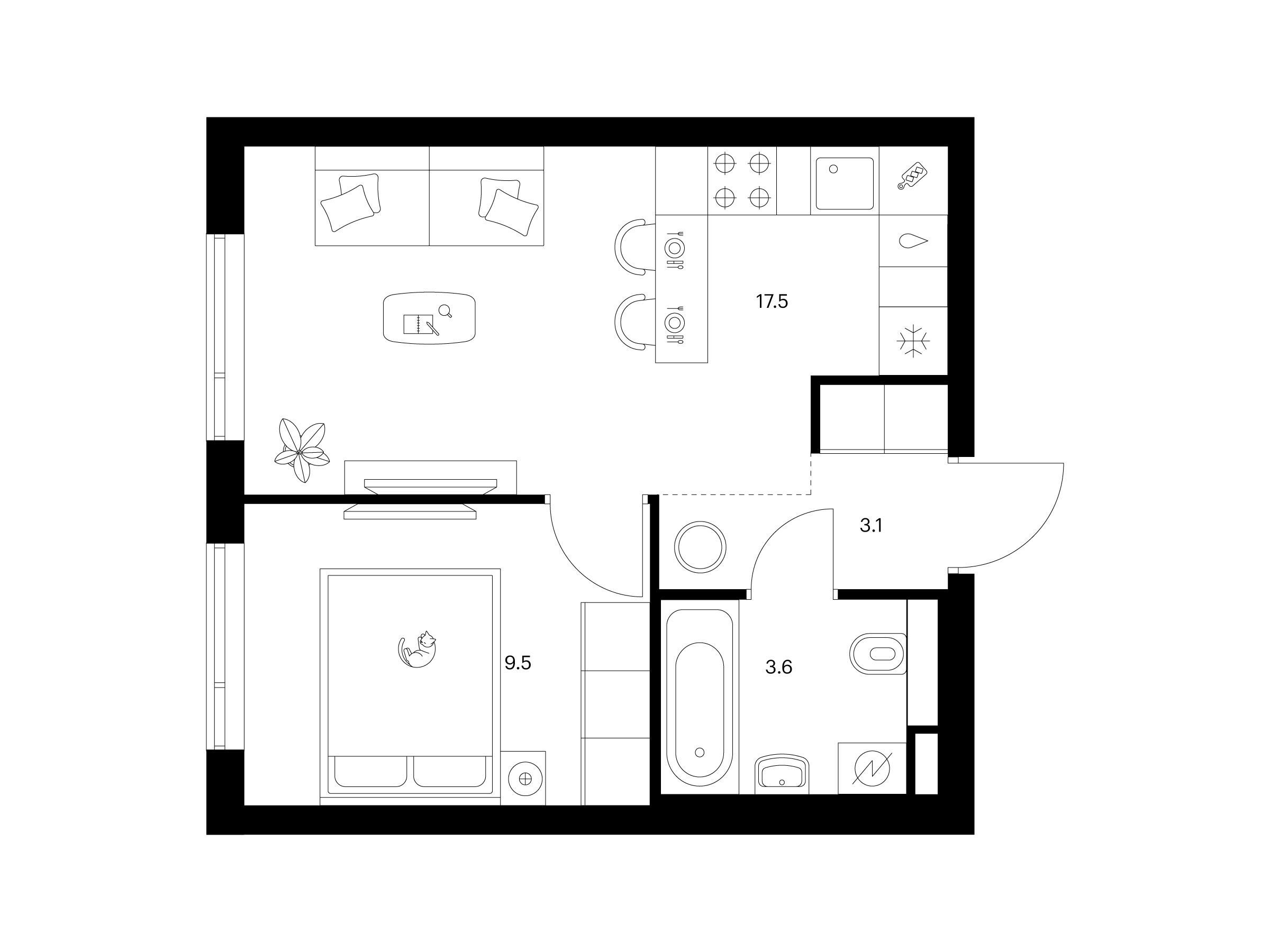 Планировка: 1-комн. квартира 33.70 м² в новостройке Лосиноостровский парк