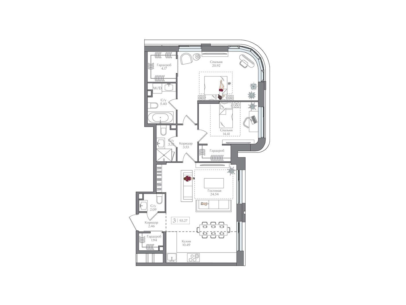 Планировка: 2-комн. квартира 93.27 м² в новостройке ЖК Преображенская площадь