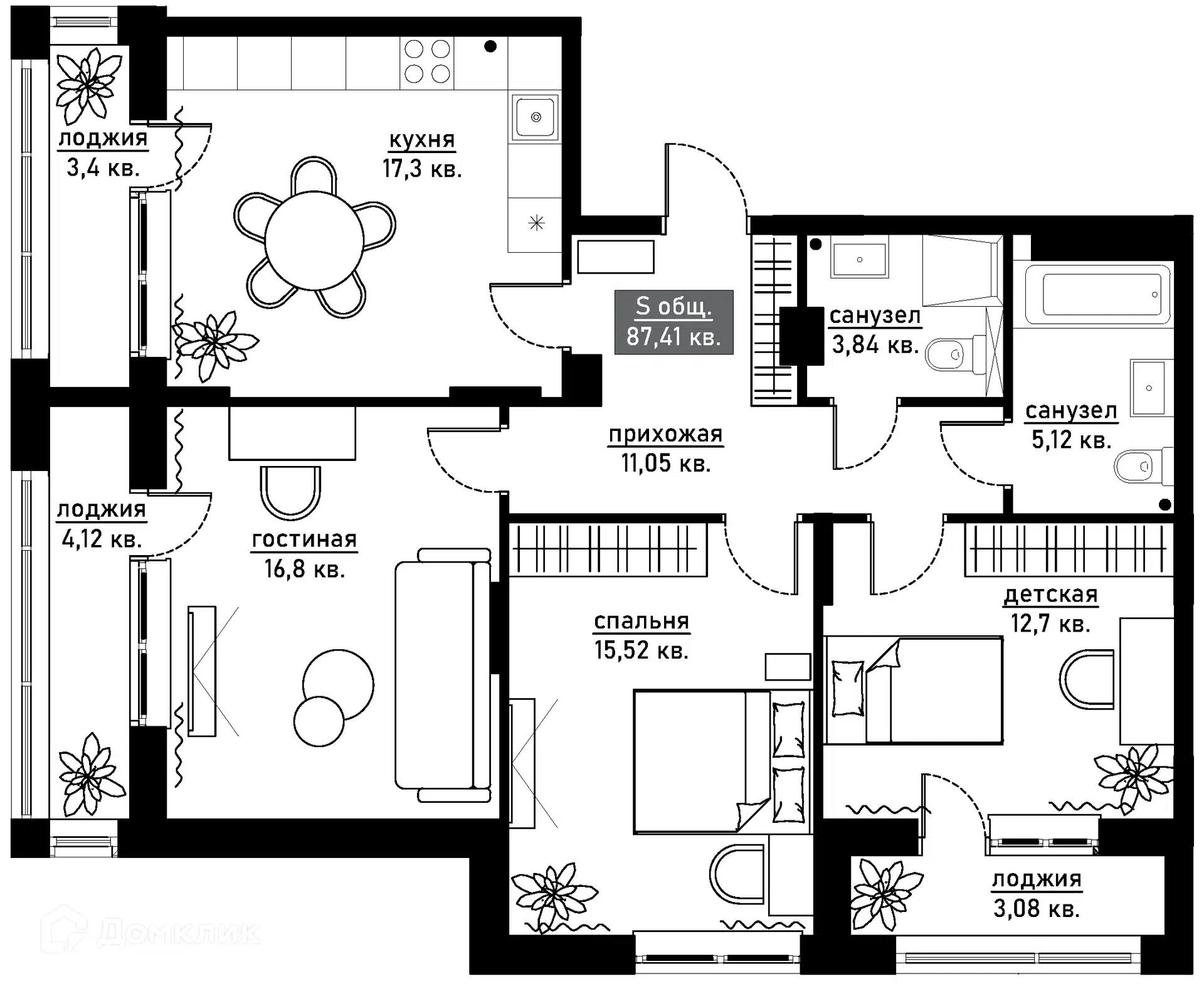 Планировка: 3-комн. квартира 87.41 м² в новостройке ЖК Аура