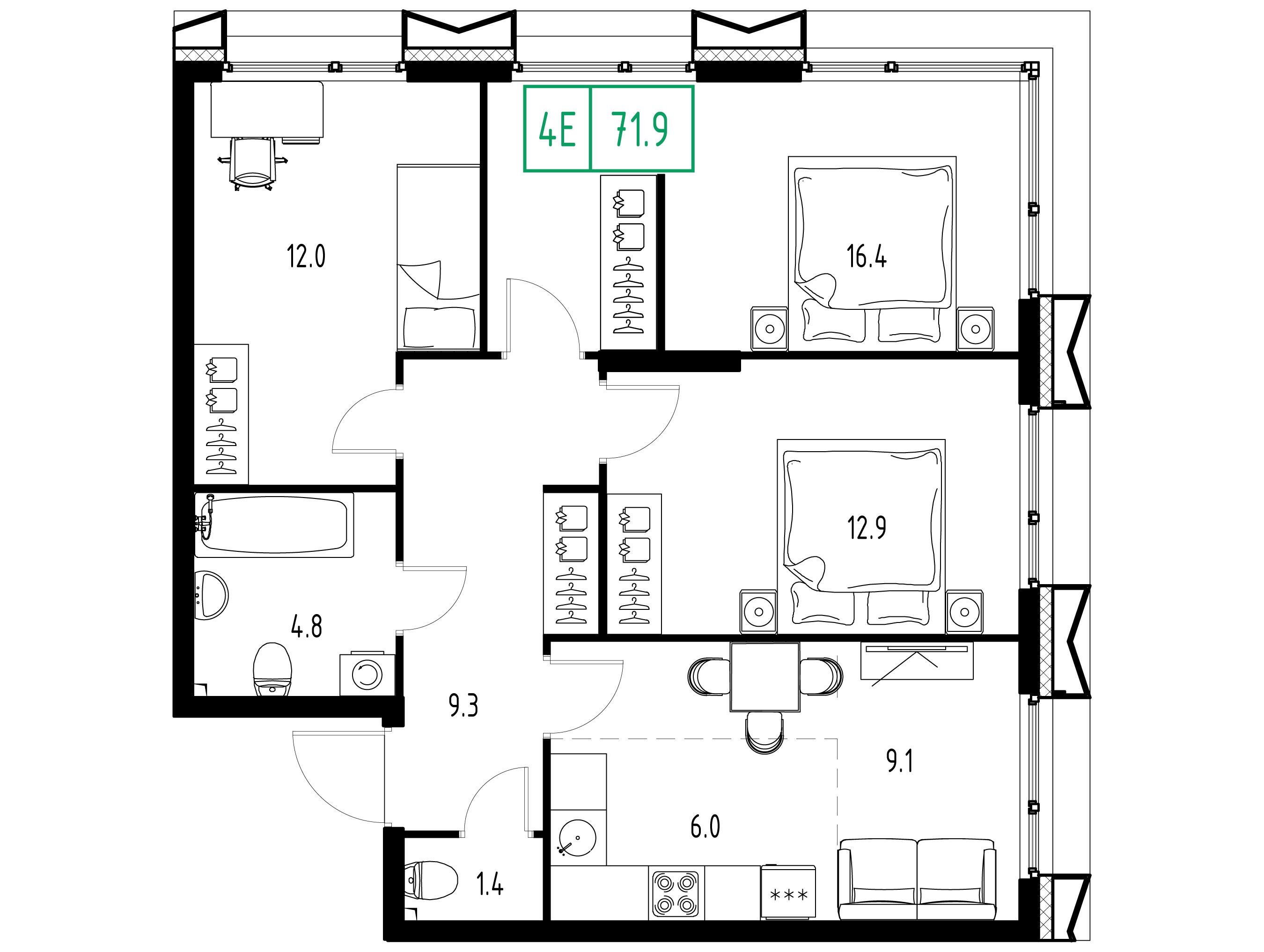 Планировка: 4-комн. квартира 71.90 м² в новостройке Сколково Уан