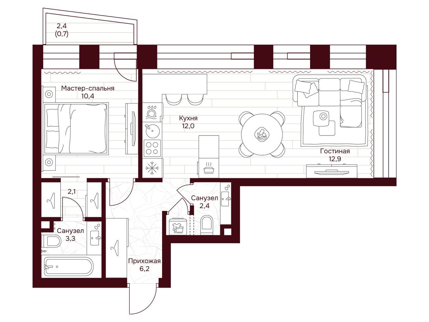 Планировка: 1-комн. квартира 50.00 м² в новостройке ЖК Дом 7 Даниловский