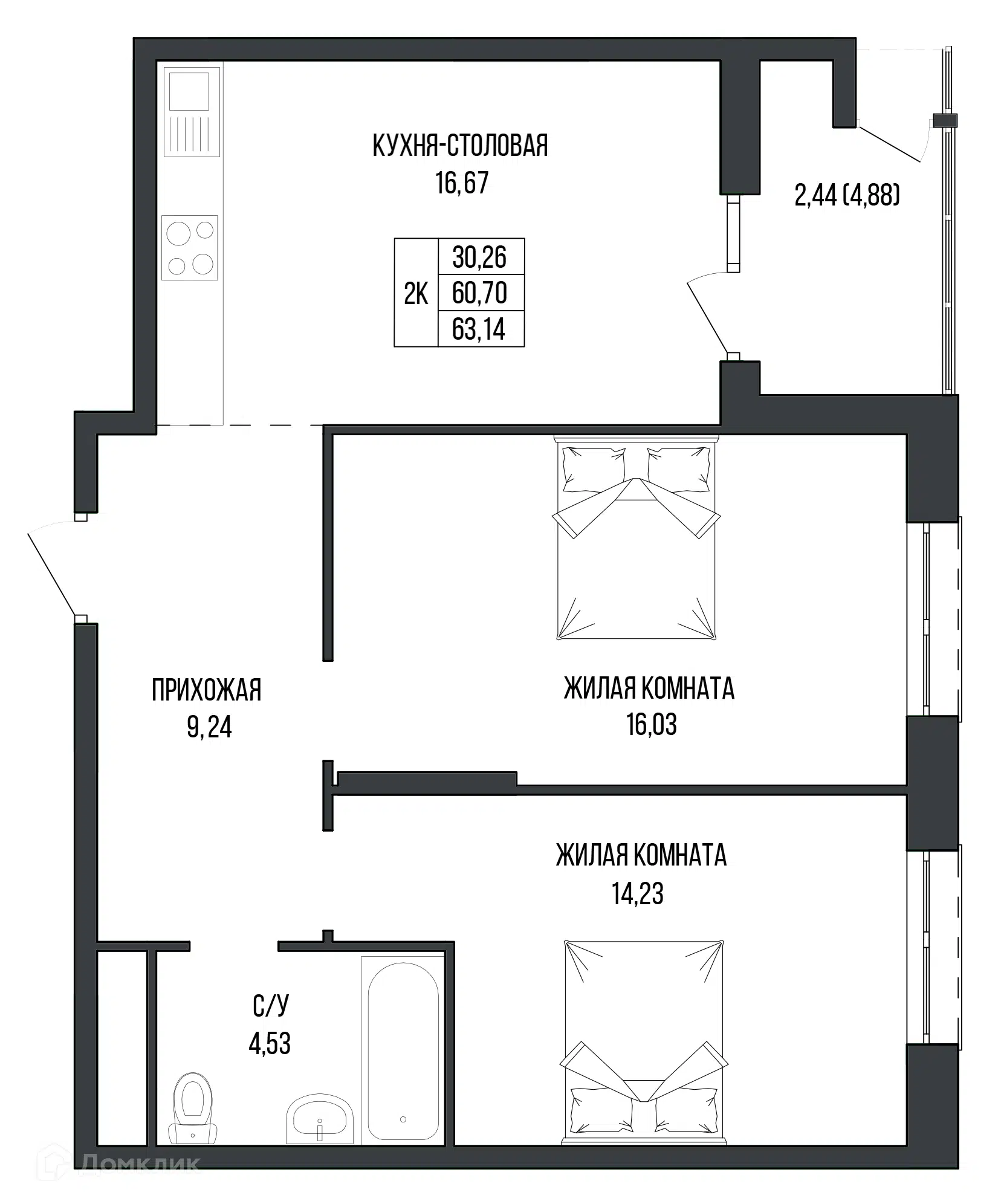 Планировка: 2-комн. квартира 63.14 м² в новостройке Комфорт парк