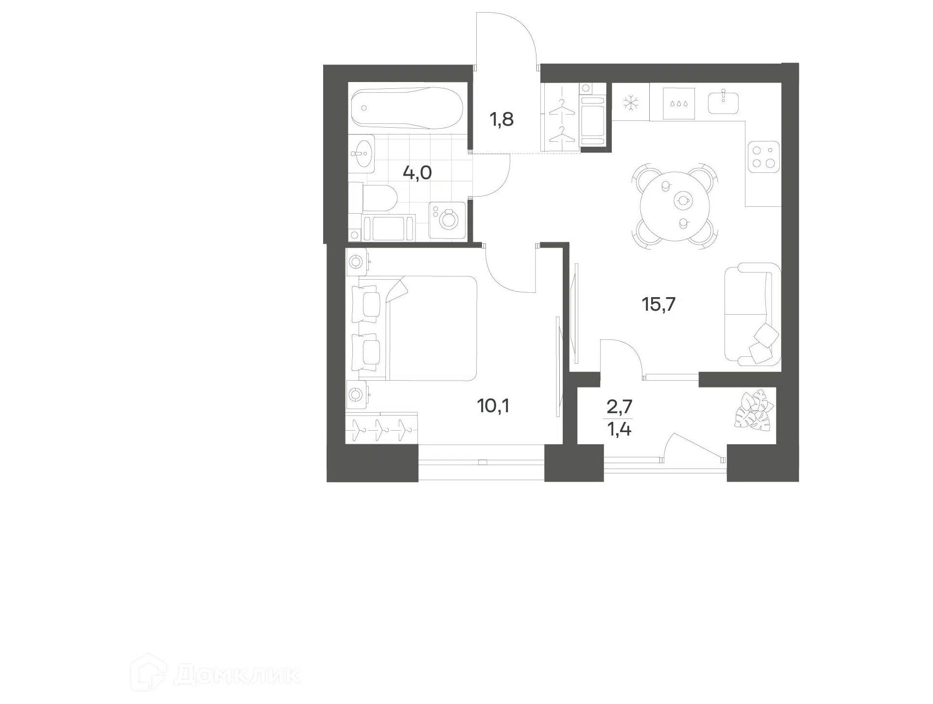 Планировка: 1-комн. квартира 32.90 м² в новостройке Ньюпитер