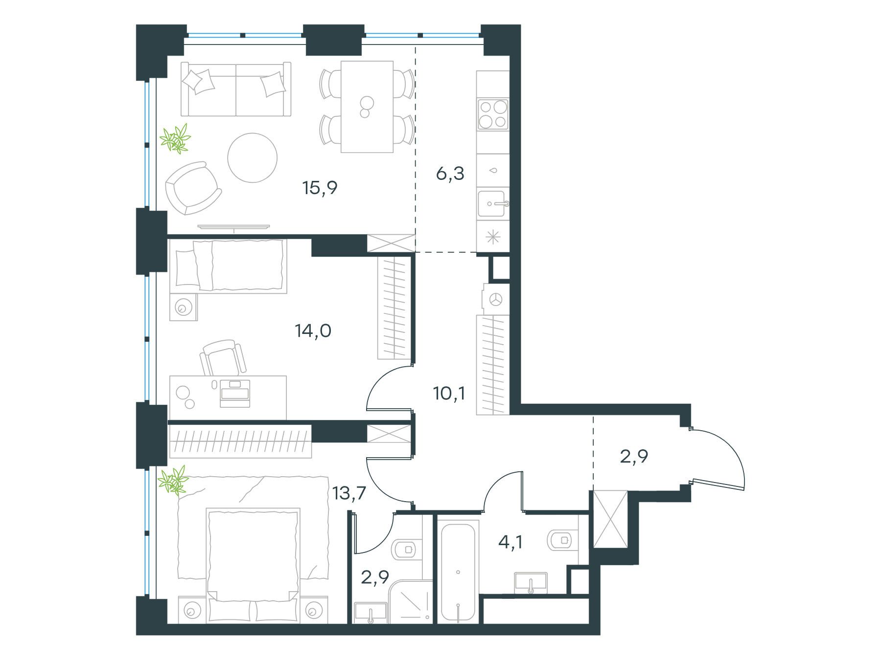 Планировка: 3-комн. квартира 69.90 м² в новостройке Левел Звенигородская