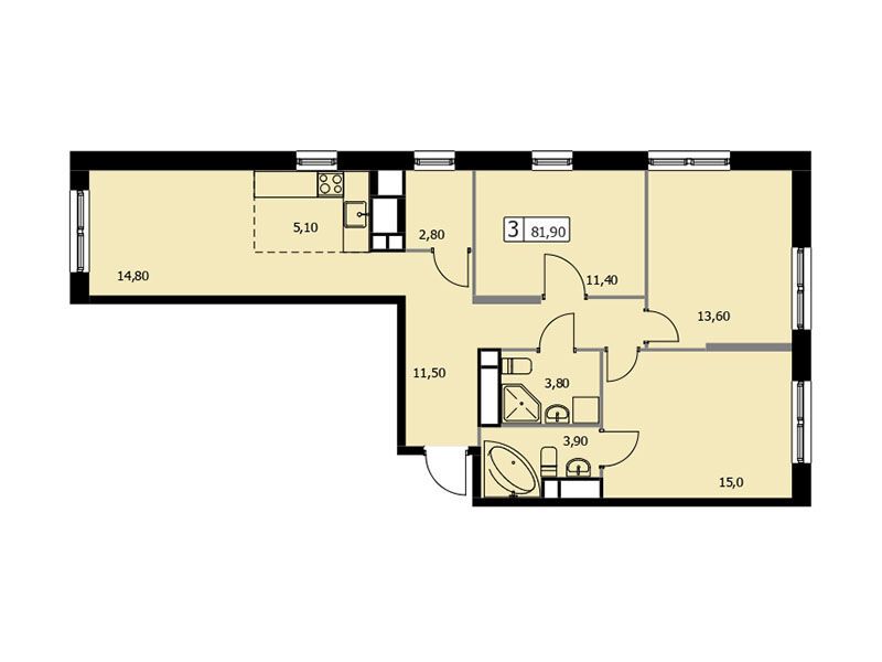 Планировка: 3-комн. квартира 81.90 м² в новостройке Парковый квартал Селф