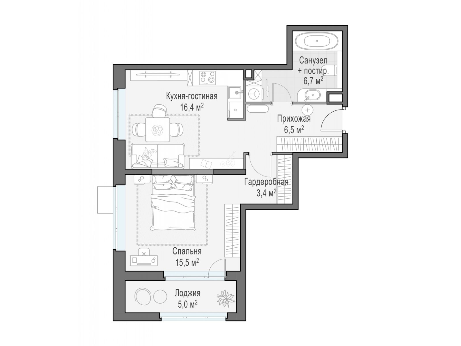 Планировка: 1-комн. квартира 48.40 м² в новостройке Новое Медведково