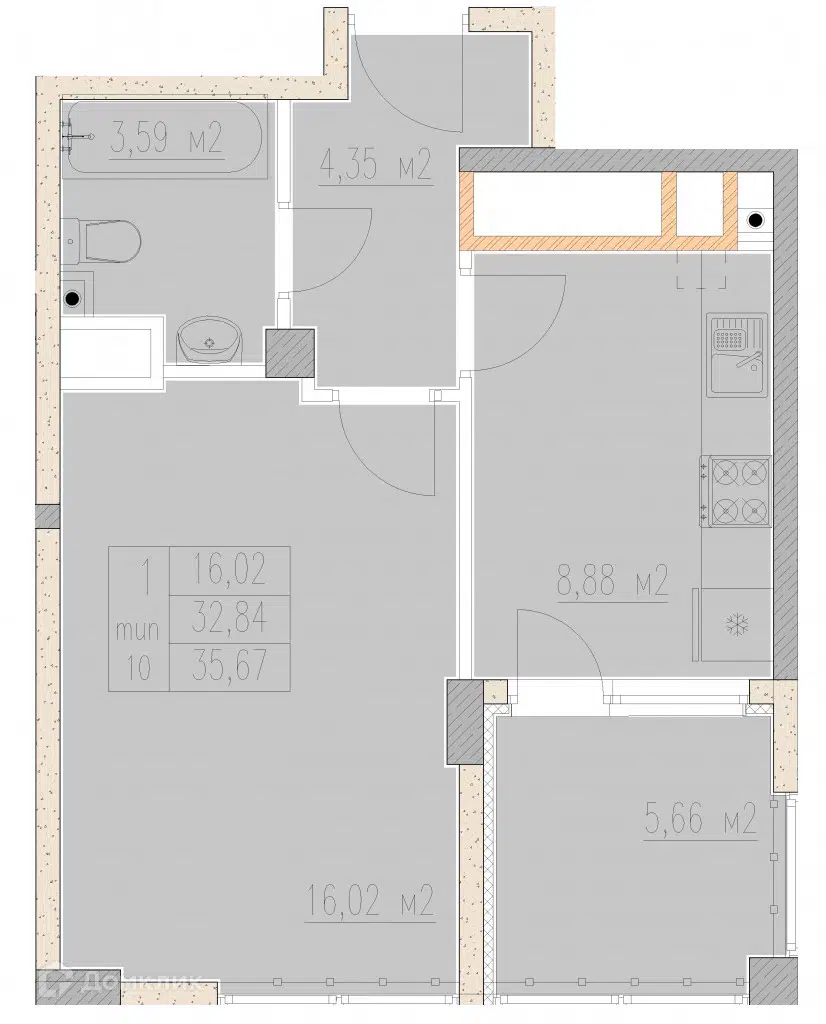 Планировка: 1-комн. квартира 35.67 м² в новостройке Агой-парк
