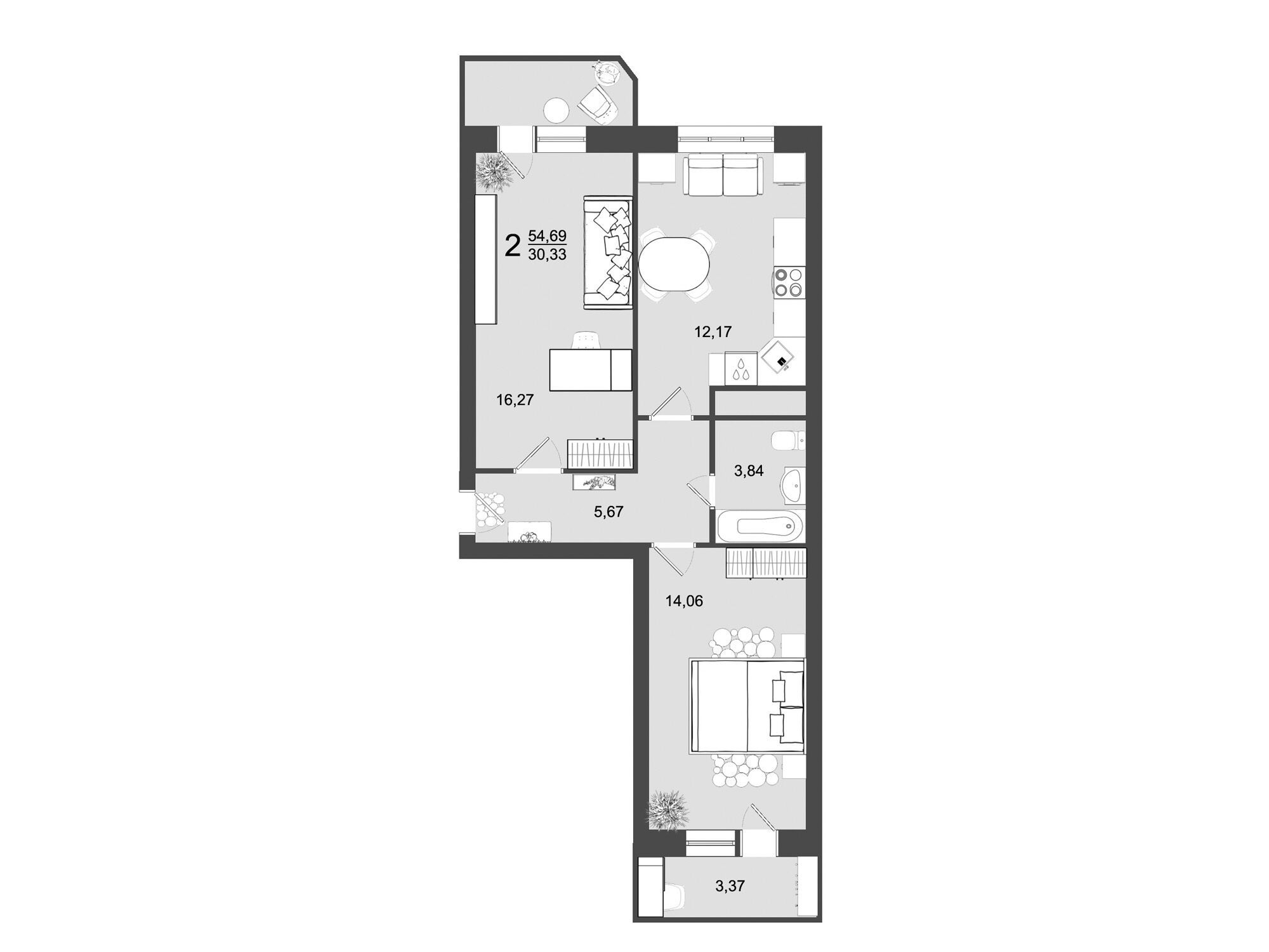 Планировка: 2-комн. квартира 54.69 м² в новостройке Майданово Парк