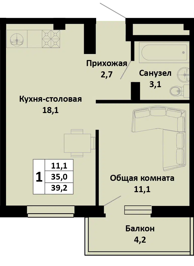 Планировка: 1-комн. квартира 38.20 м² в новостройке Южные Соседи