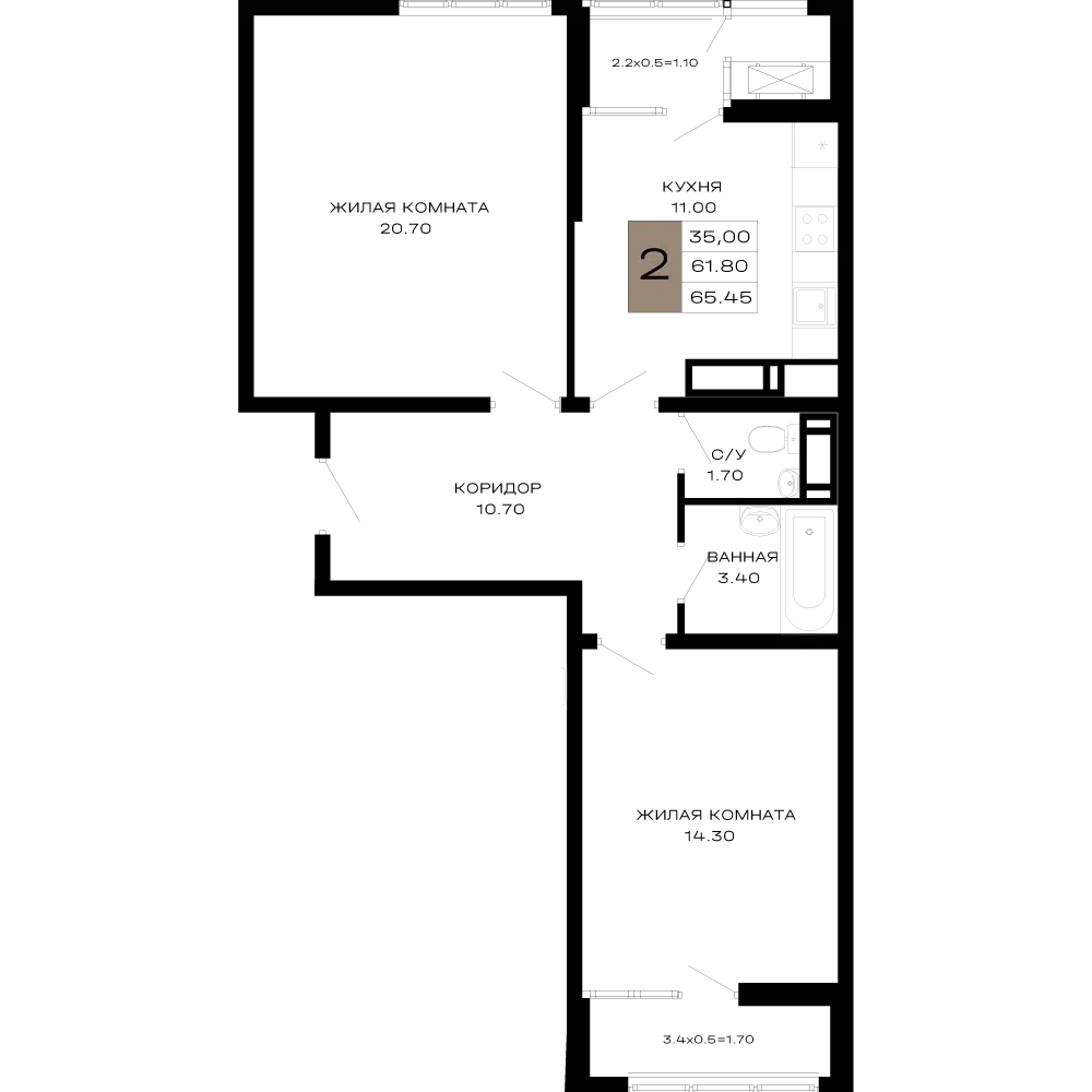 Планировка: 2-комн. квартира 65.40 м² в новостройке Сердце