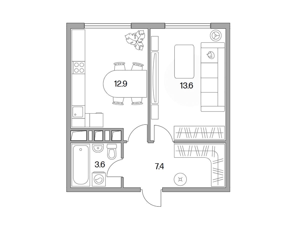 Планировка: 1-комн. квартира 37.50 м² в новостройке ЖК Бригантина