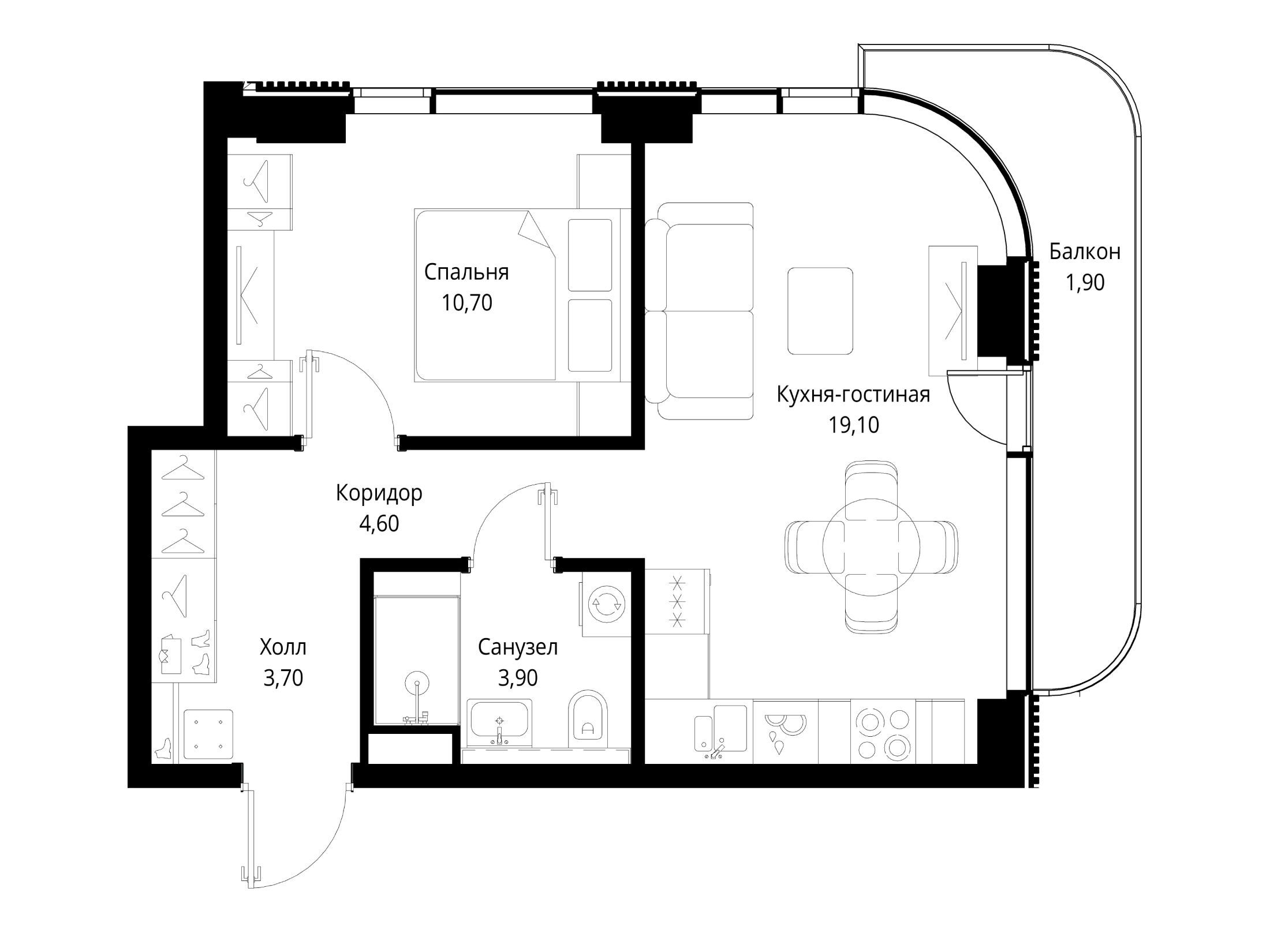 Планировка: 1-комн. квартира 43.90 м² в новостройке ЖК Ситидзен