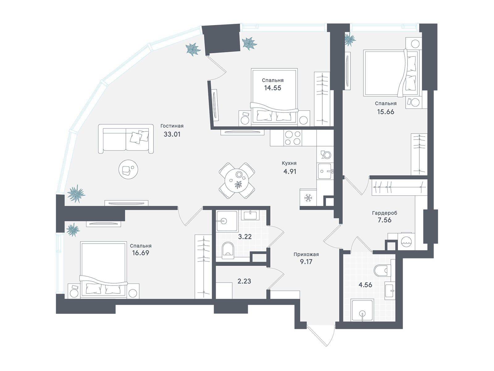 Планировка: 3-комн. квартира 111.56 м² в новостройке ЖК Солос