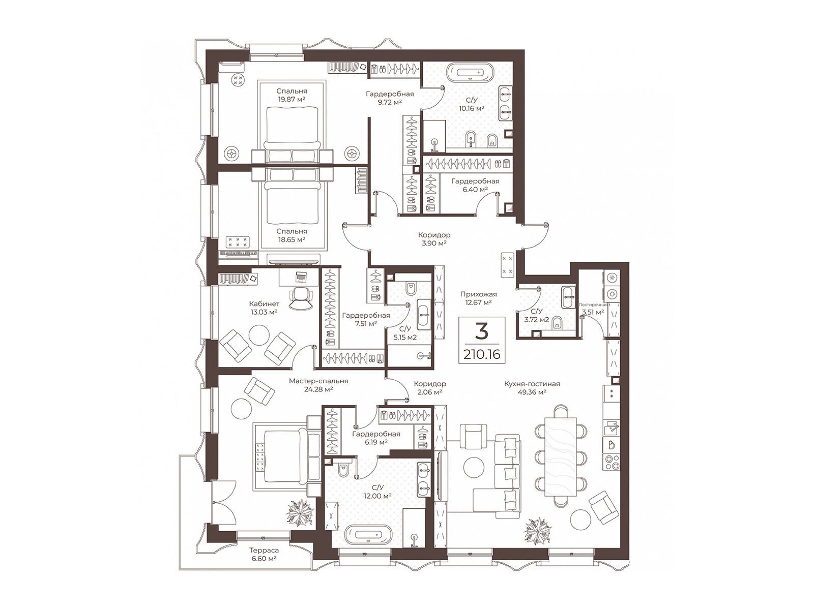 Планировка: 3-комн. квартира 210.16 м² в новостройке Клубный дом Воронцовъ