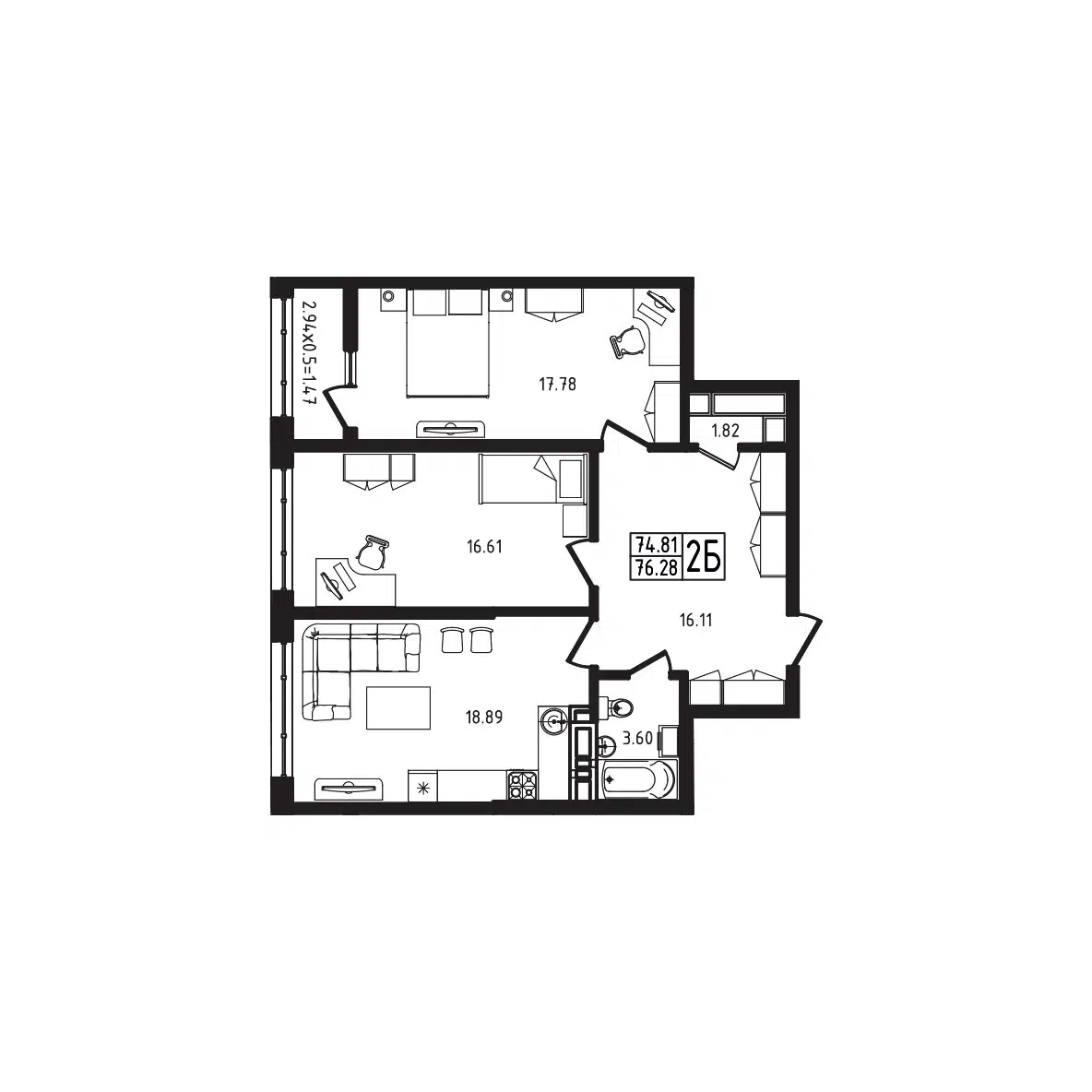 Планировка: 2-комн. квартира 76.28 м² в новостройке Яблоневый эко район