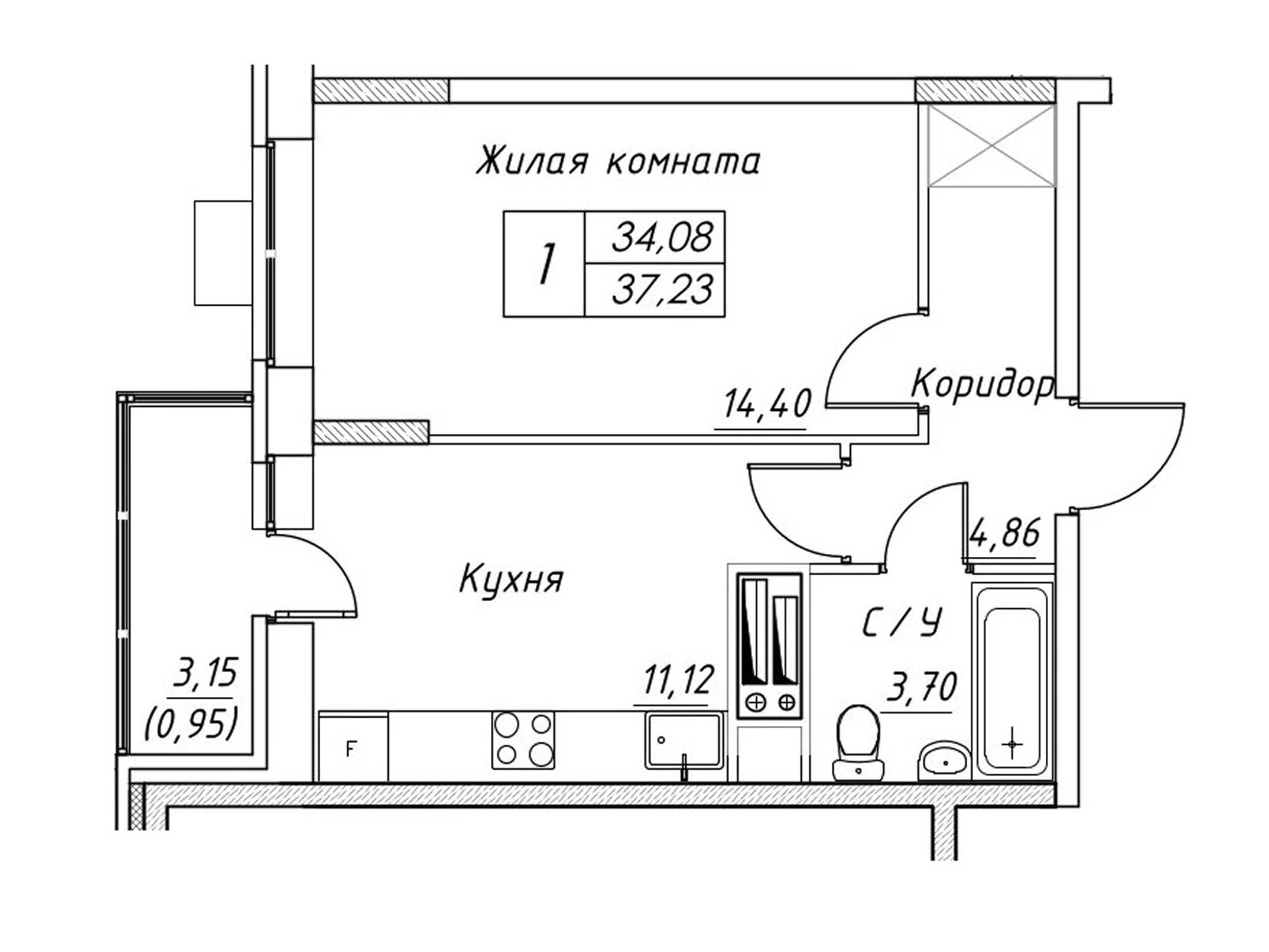Планировка: 1-комн. квартира 37.23 м² в новостройке Большевик (Дмитров)